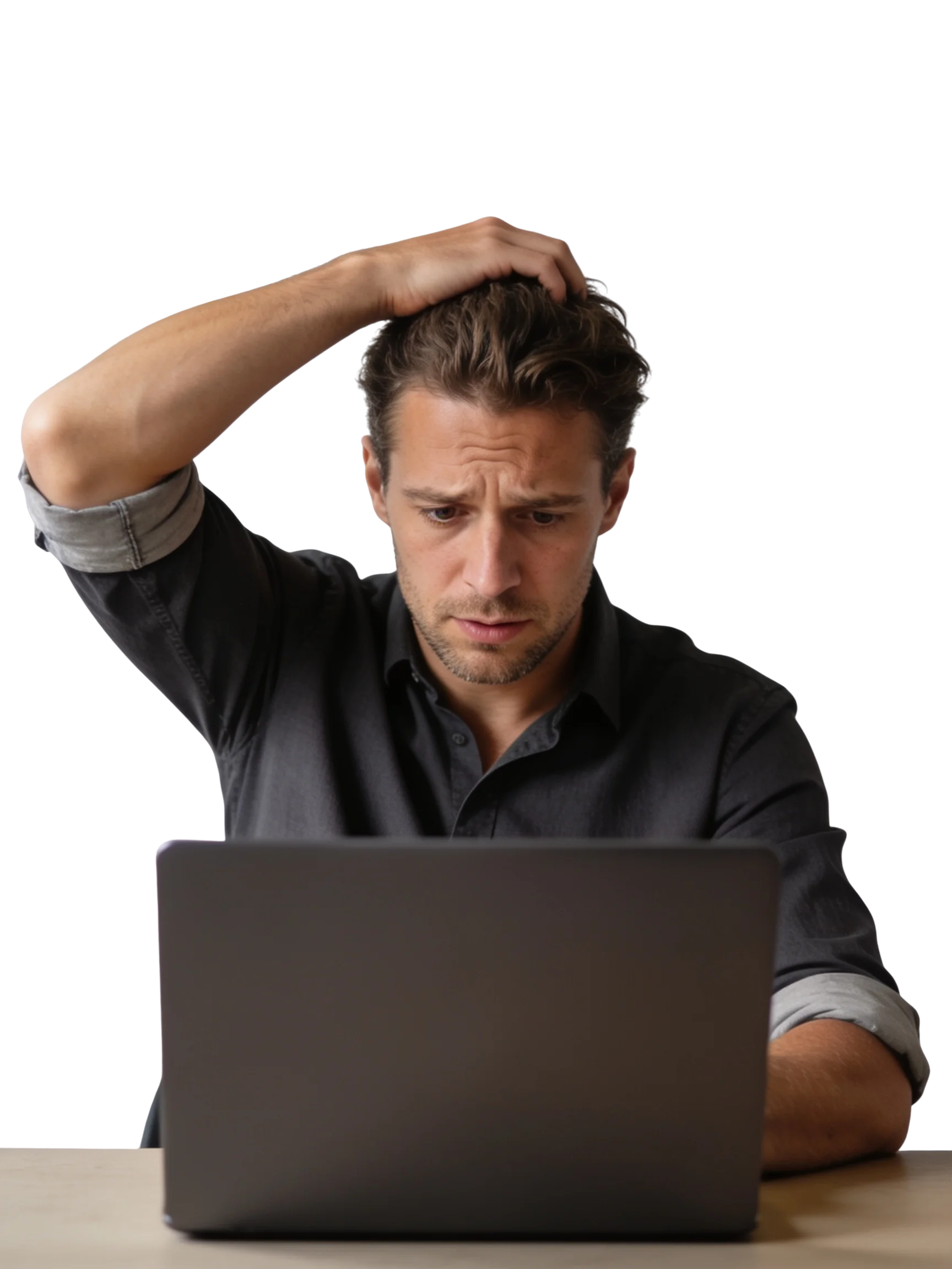 Besorgter Kleinunternehmer schaut auf seinen Laptop